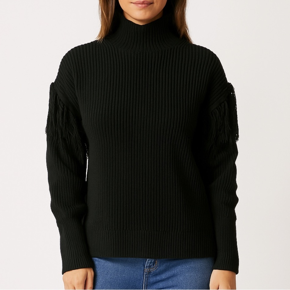 * Ramy Brook Black Ribbed Fringe Turtleneck Sweater Women’s Size Large Chic